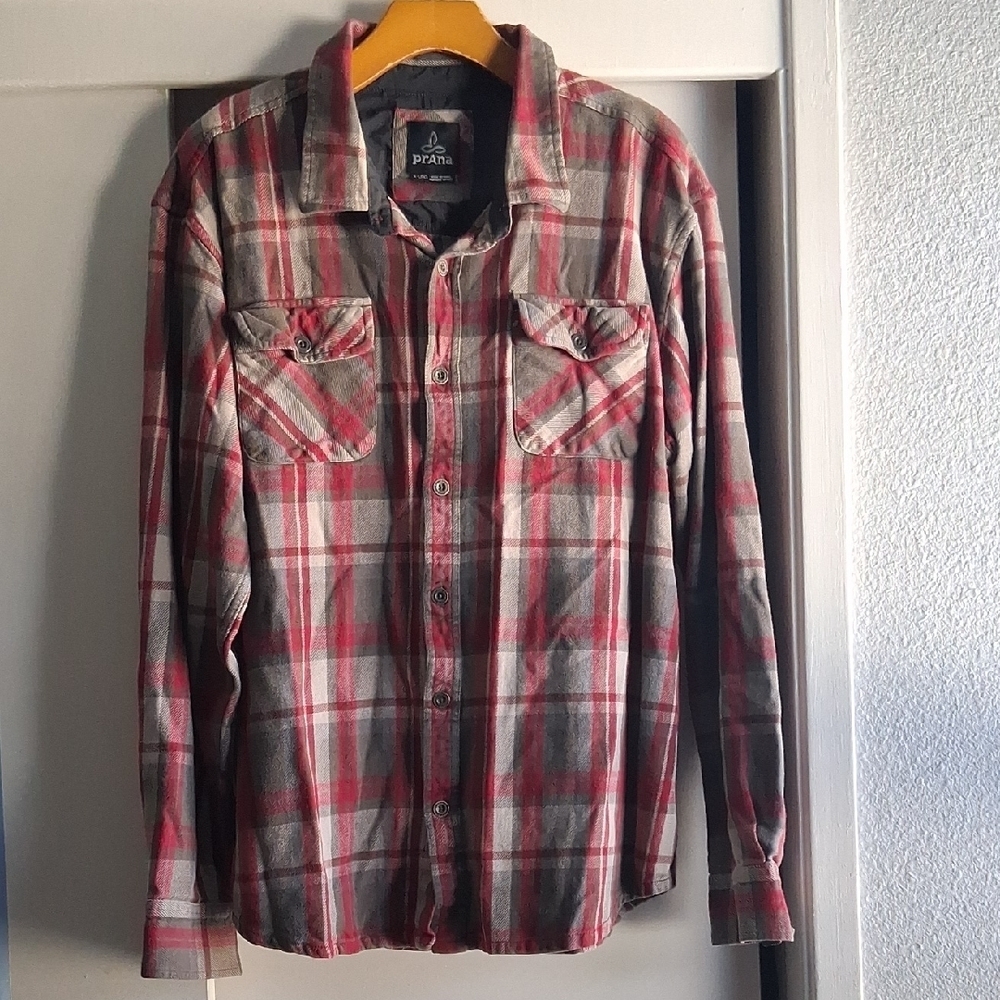 Prana Organic Cotton Red Gray Plaid Flannel XL